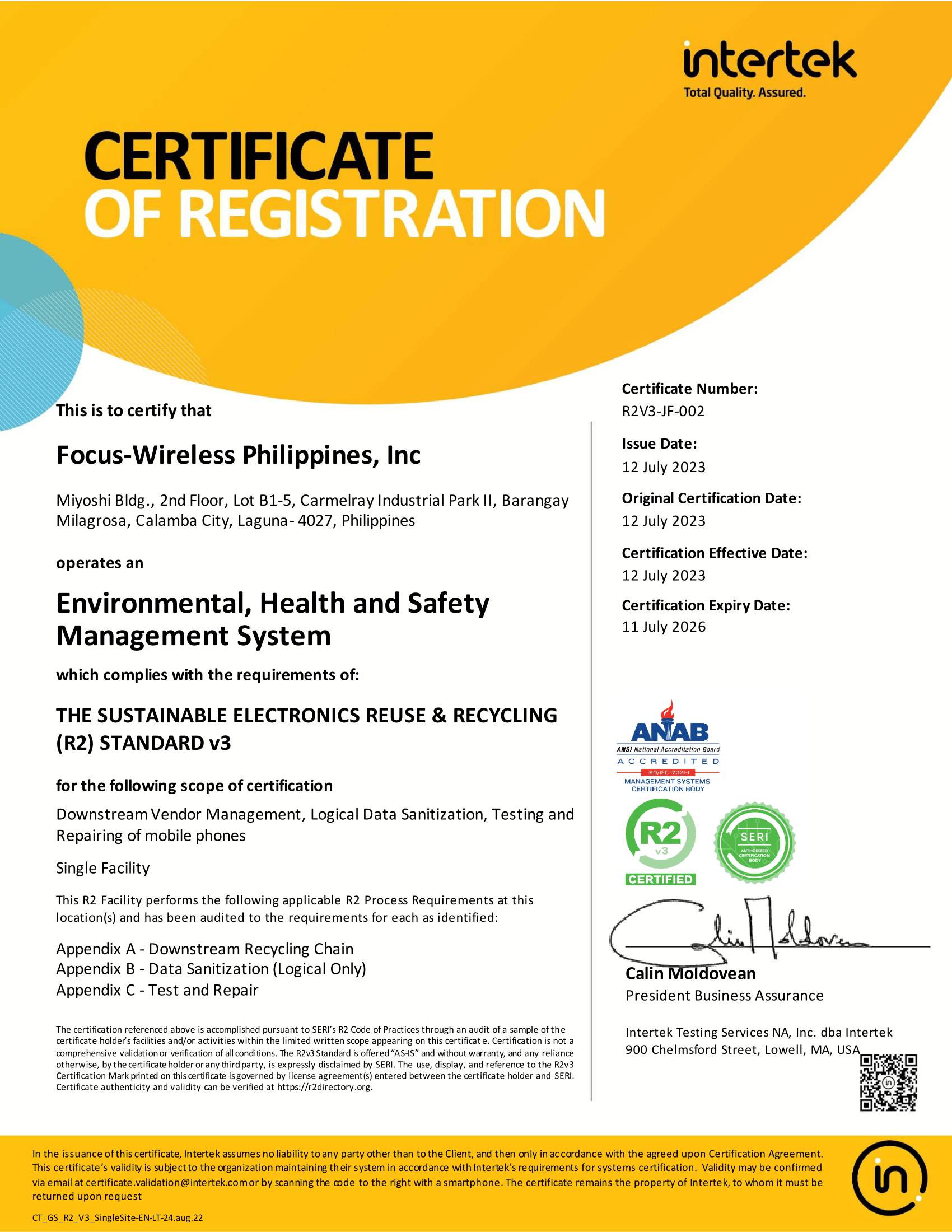 Focus Wireless 201137 R2v3 Intertek Certificate 2023